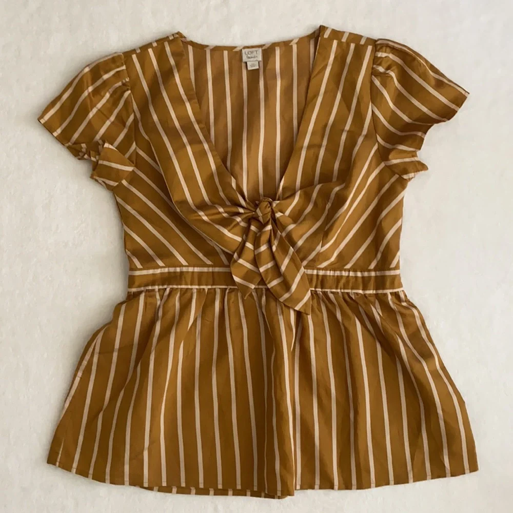 Loft Beach | V-Neck Striped Tie Front Keyhole Short Sleeve Peplum Top (XXS/00) - Picture 16 of 16